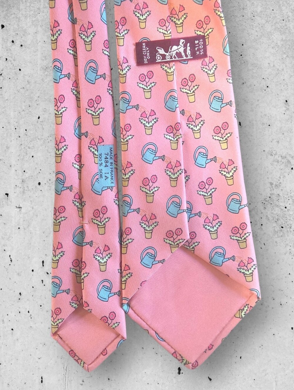 ✨ Authentic EUC Vintage Hermes Silk Tie Pink Watering Flower Pot Novelty 7484 - Picture 2 of 2